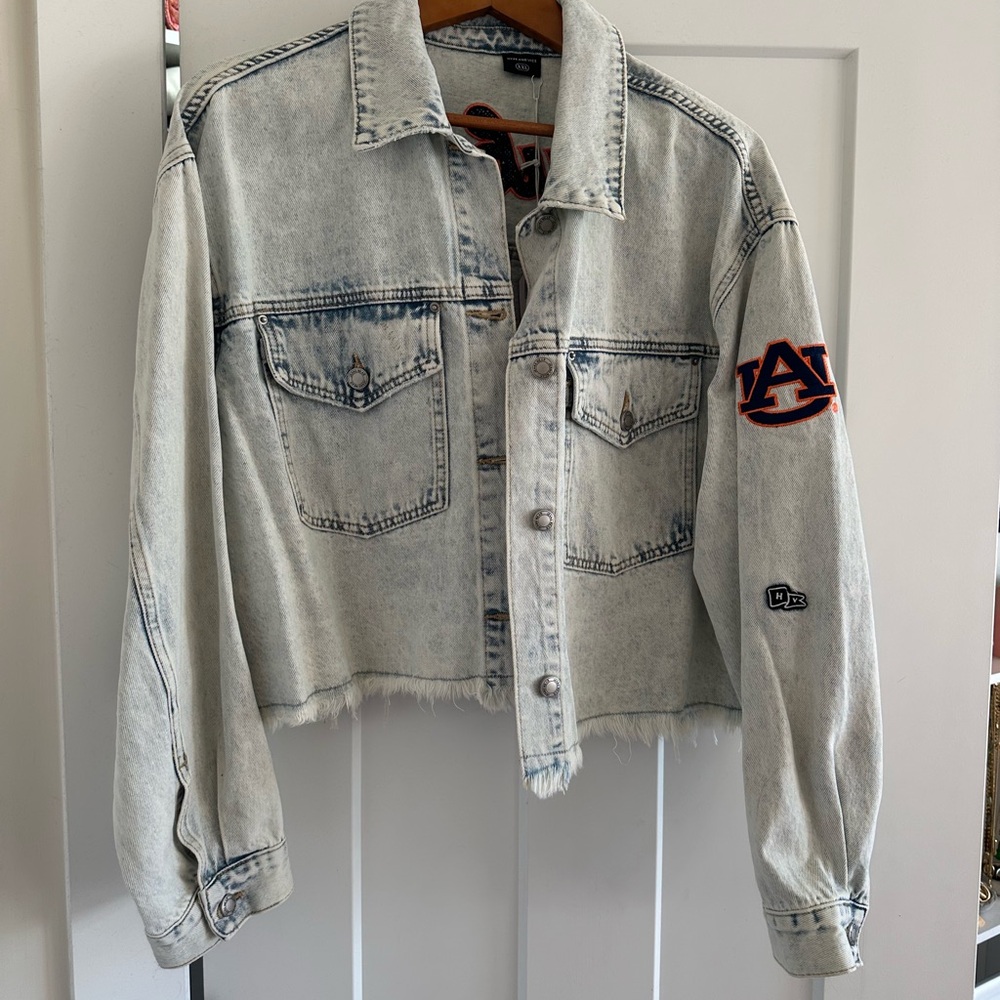 Denim Cropped Auburn Jacket with Embroidered Details